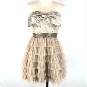 Inspire Me Strapless Taupe/Gold Tapestry Bow/Tiered Mesh Ruffle Party Dr…